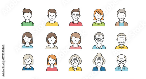 A collection of diverse people icons representing different ages and genders for your projects