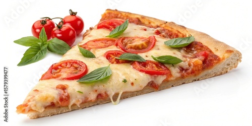A delicious slice of pizza with tomatoes and basil isolated on white background