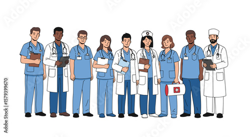Diverse team of healthcare professionals standing together ready to provide excellent medical care and support