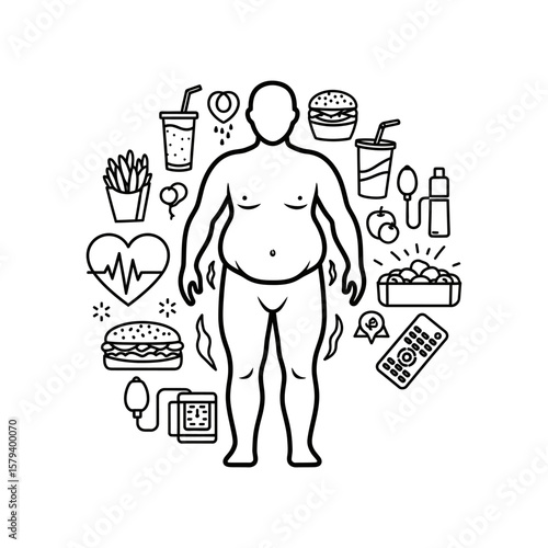 Obesity and unhealthy lifestyle line art isolated on white background
