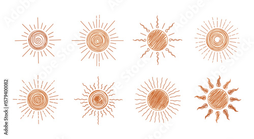 Collection of hand drawn rustic sunburst and starburst illustrations for creative designs and artistic projects