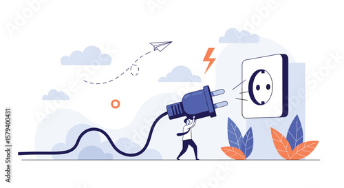 Illustration of a tiny person plugging a large blue electrical cord into a wall socket with lightning bolt above