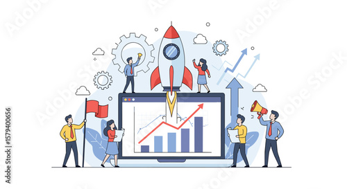 Teamwork and collaboration drive business growth success with a launching rocket symbolizing ambitious goals