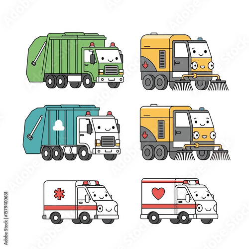 Collection of cute cartoon city service vehicles illustration