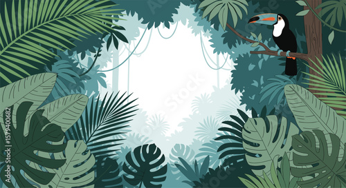 Vibrant toucan perched on a jungle branch amidst lush green tropical foliage and dense foliage under bright sunlight filtering through the canopy