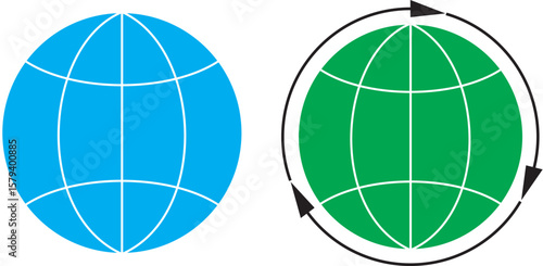 Global Network Icons – Blue & Green Globe Vectors with Internet and Sync Symbols