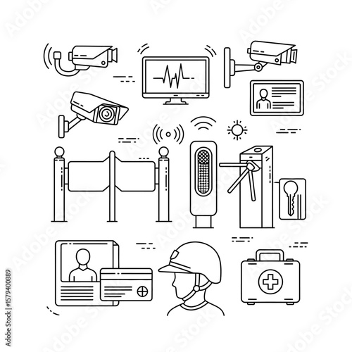 Security and surveillance equipment in line art style
