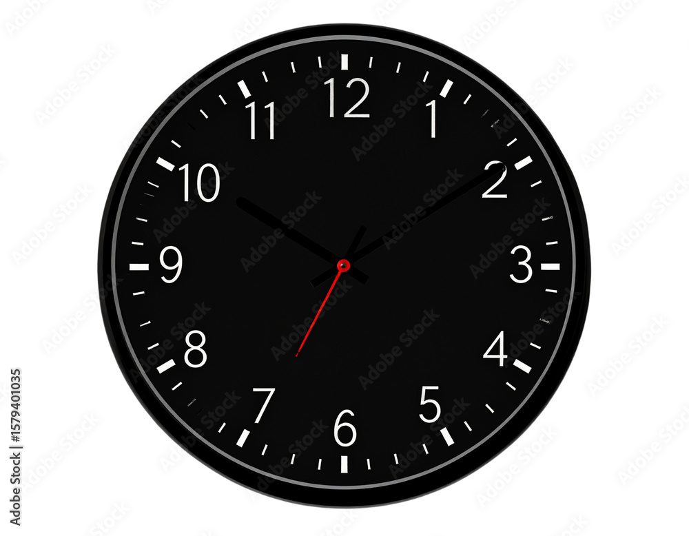 Modern Wall Clock with Black Frame and White Face, Front View, Hands at 10:10, Isolated PNG Modern Wall Clock with Black Frame and White Face, Front View, Hands at 10:10, Isolated PNG