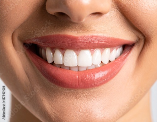High-resolution close-up of a woman's smile showing clean, white, and well-aligned teeth. The image captures healthy gums and lips with a natural tone of lipstick.