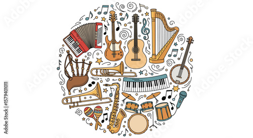 A circular arrangement of various musical instruments and musical notes showcasing a rich symphony of sounds