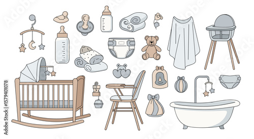 Collection of essential newborn baby items for comfort and care including crib and bathtub for a healthy beginning