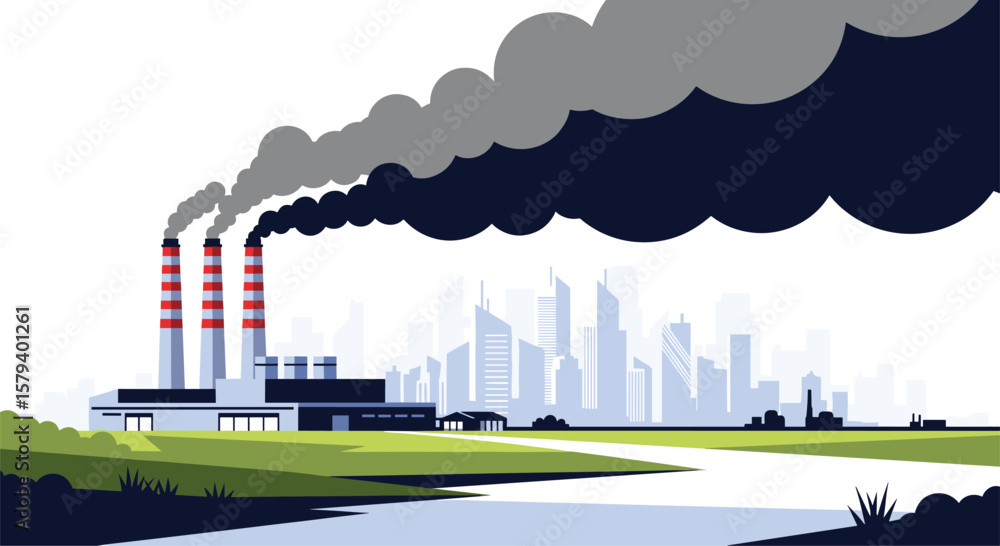 Fototapeta premium Industrial factory smokestacks releasing thick dark smoke into the atmosphere above a city skyline near a river and green fields