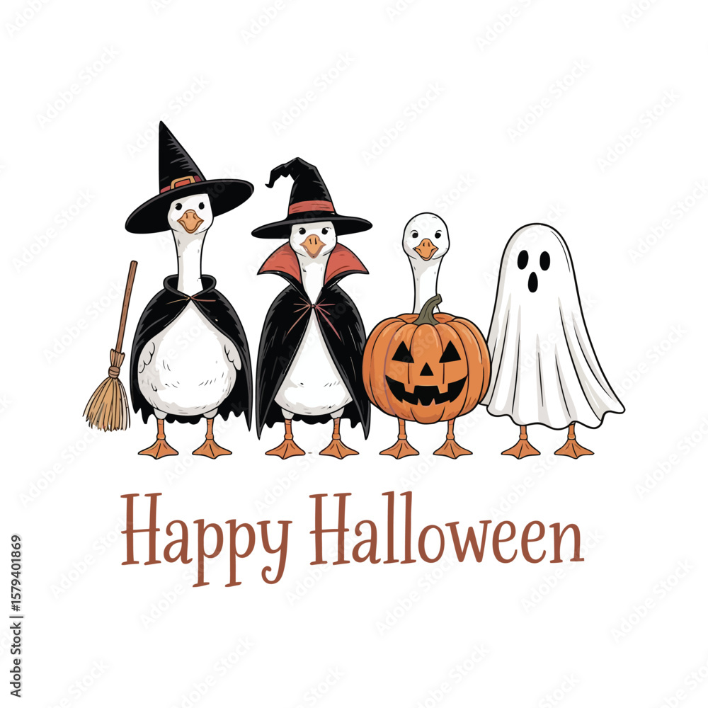Obraz premium hand drawn illustration Four white geese standing in a row from left to right seen from the front, each wearing a different Halloween themed accessory.