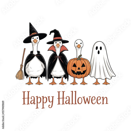 hand drawn illustration Four white geese standing in a row from left to right seen from the front, each wearing a different Halloween themed accessory.