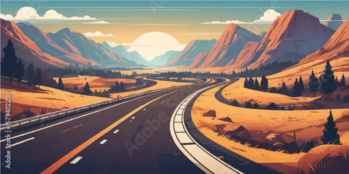 Empty asphalt highway curves through a scenic desert valley toward distant mountains under a vast, cloud-dotted sky, inviting a solitary journey through nature's grandeur