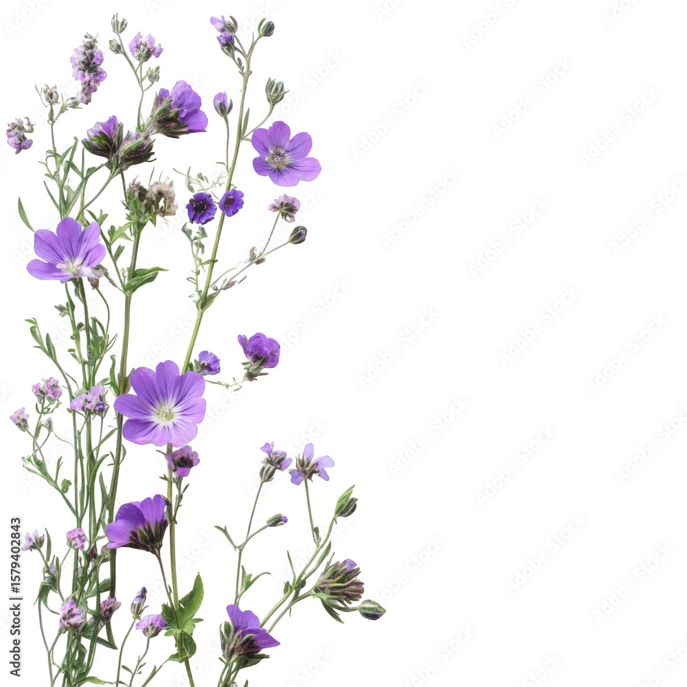 Delicate purple wildflowers with stems and buds arranged on the left on isolated background Delicate purple wildflowers with stems and buds arranged on the left on isolated background