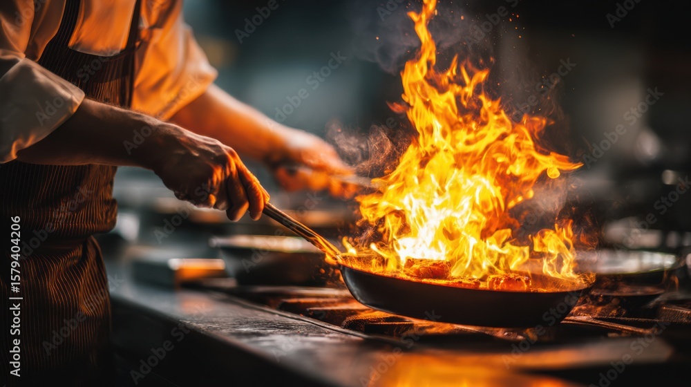 Obraz premium A skilled chef expertly maneuvers a frying pan over a hot stove, flames erupting dramatically as food sizzles. The atmosphere is energetic, showcasing intense cooking in a bustling kitchen at night