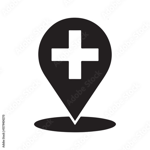 Black medical location pin with white cross healthcare