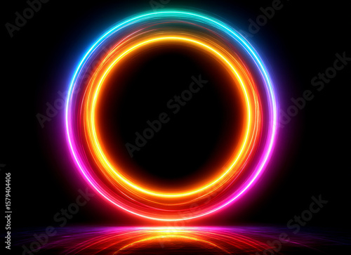 Glowing circle with vibrant neon colors on a dark background with reflection on the surface below it