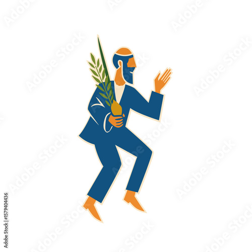 Jewish man dancing Hasidic dance holding four species for Jewish holidays Sukkot and Simchat Tora and Simchat Beit HaShoeivah. vector