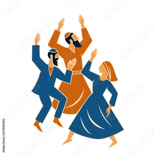 Jewish people dancing Hasidic dance celebrating Jewish holiday Sukkot. People dressed in traditional Jewish clothes. celebration of Simchat Tora and Simchat Beit HaShoeivah. translation happy Sukkot