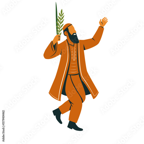 Jewish man dancing Hasidic dance holding four species for Jewish holidays Sukkot and Simchat Tora and Simchat Beit HaShoeivah. vector
