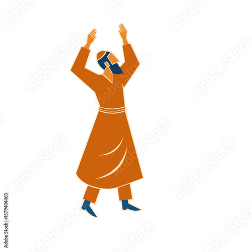 Jewish man dancing Hasidic dance. Man dressed in traditional Jewish clothes. celebration of Jewish holidays Sukkot and Simchat Tora and Simchat Beit HaShoeivah. vector