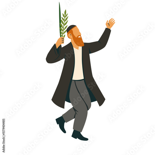 Jewish man dancing Hasidic dance holding four species for Jewish holidays Sukkot and Simchat Tora and Simchat Beit HaShoeivah. vector