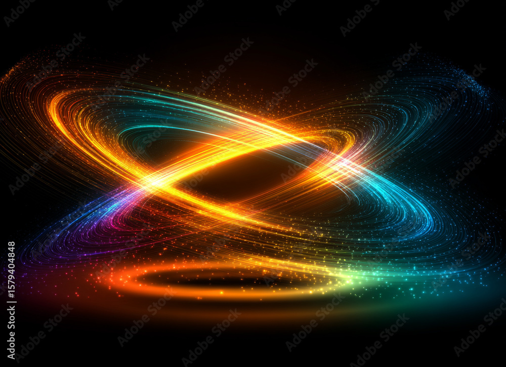 Obraz premium Abstract light painting with swirling colorful trails on a dark background creating a dynamic effect