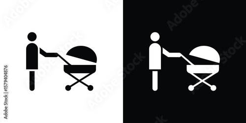 Woman with Baby Stroller icon vector glyph pack. Black silhouette icons.