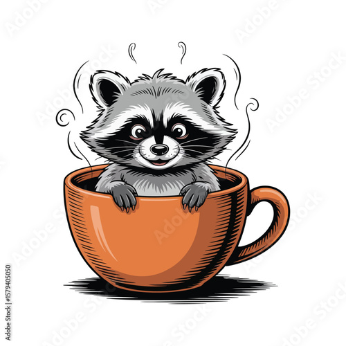 A raccoon stands on a white background with its head stuck in a large orange coffee cup next to it, "bathing" in coffee to wake up.