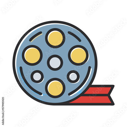 Film reel icon with yellow dots and red film strip design  