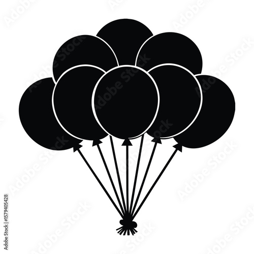 A cluster of  eight  black balloons tied together with strings on a white background-01.eps