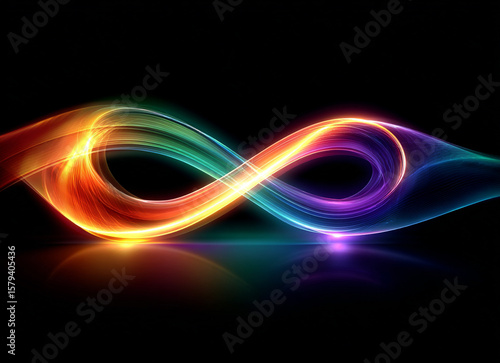 Abstract light painting with circular motion and reflection on a black reflective surface creating a swirl