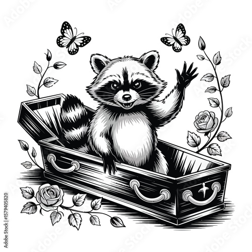 A raccoon sits up from the coffin with a look of disdain and a menacing look in its eyes.