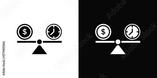 Time and money compare scale icon vector glyph pack. Black silhouette icons.