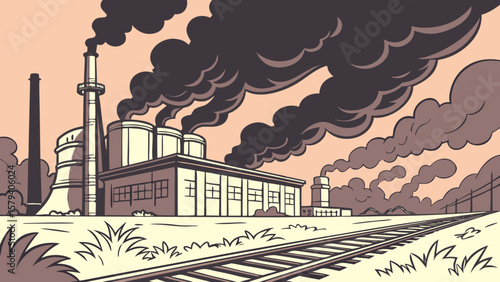 Illustration of industrial factory plant emitting smoke causing air pollution and environmental damage issue
