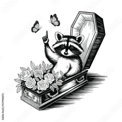 A raccoon sits up from the coffin with a look of disdain and a menacing look in its eyes.