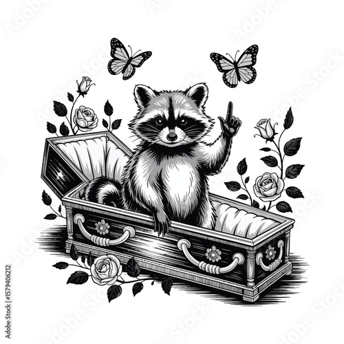 A raccoon sits up from the coffin with a look of disdain and a menacing look in its eyes.