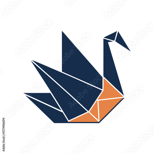 Free Download Geometric swan illustration in navy blue and orange with white outlines on white background - GFXLoad