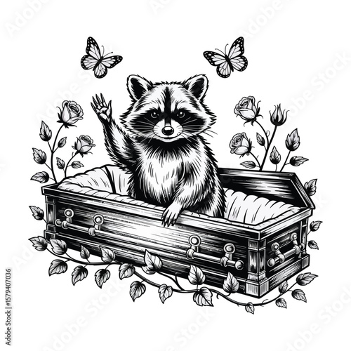 A raccoon sits up from the coffin with a look of disdain and a menacing look in its eyes.