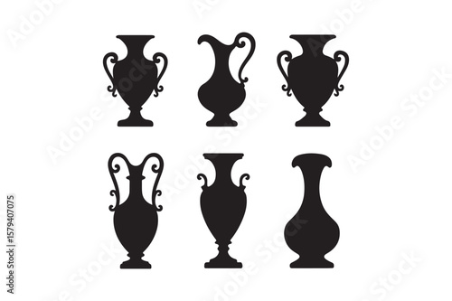 Collection of elegant black silhouette vases with ornate handles and bases
