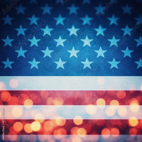 A stylized American flag with blue stars and red and white stripes, overlaid with bokeh light effects creating a festive, vibrant appearance.
