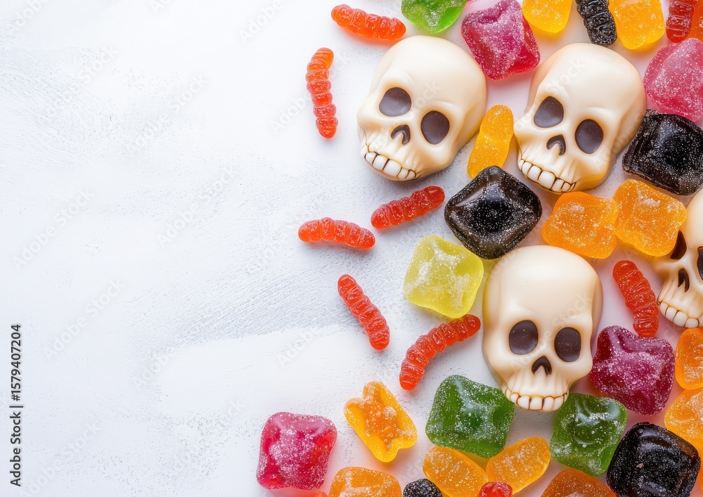 Obraz premium Colorful gummy candies and white skull-shaped sweets scattered on a white surface, creating a festive, spooky vibe.