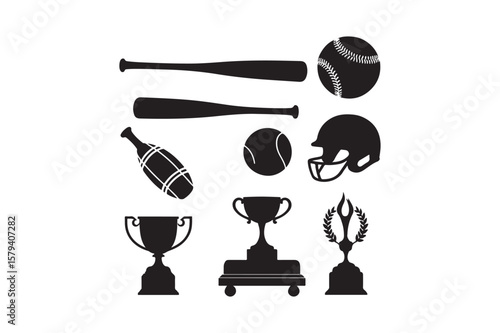 Collection of black silhouettes representing baseball and trophies