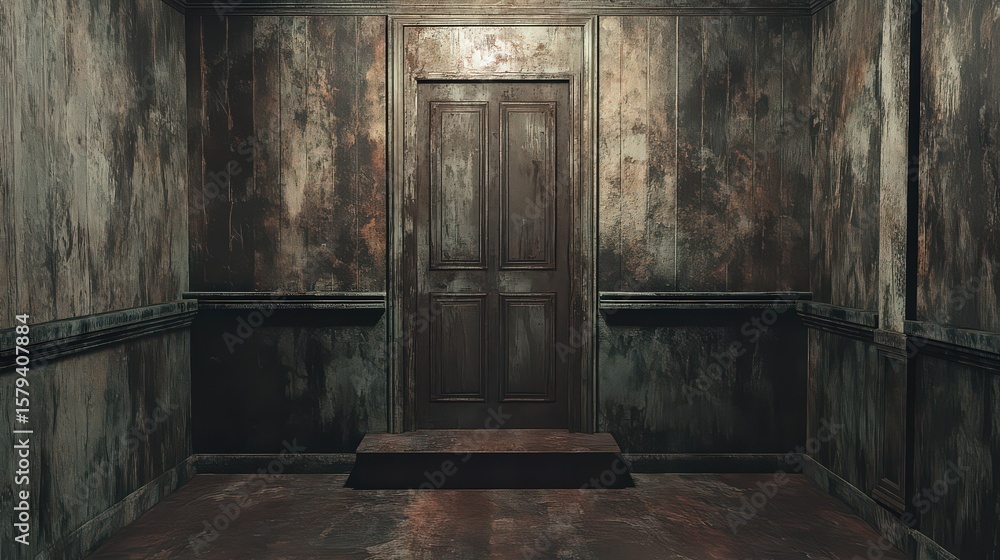 Obraz premium Interior view of a room with stained walls and a dark wooden door in the center of the wall space
