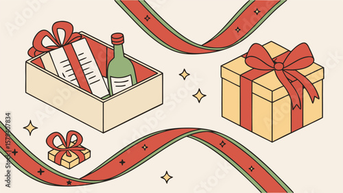 Illustration of gift boxes with ribbons and a bottle in a box with cards and star sparkles around