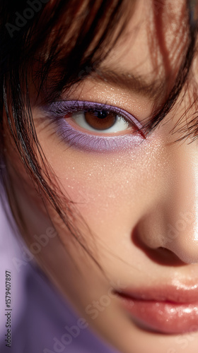 Korean beauty model showcasing elegant makeup in pastel tones during a beauty shoot indoors