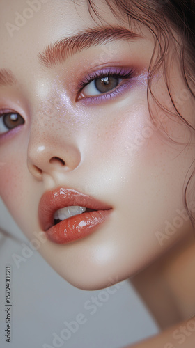 Captivating beauty with soft pastel makeup emphasizes radiant skin and striking features