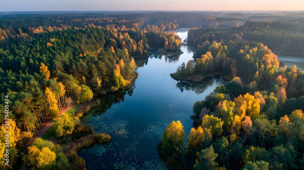 Naklejka premium Aerial Drone View of Forest-Surrounded Winding Lake